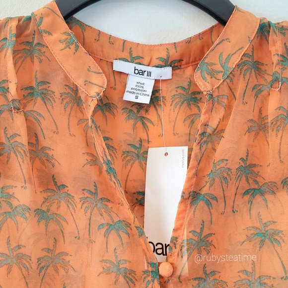 Sheer Tropical Palm Tree Print Sleeveless Top, Button Front, Orange & Green NWT - Picture 4 of 7